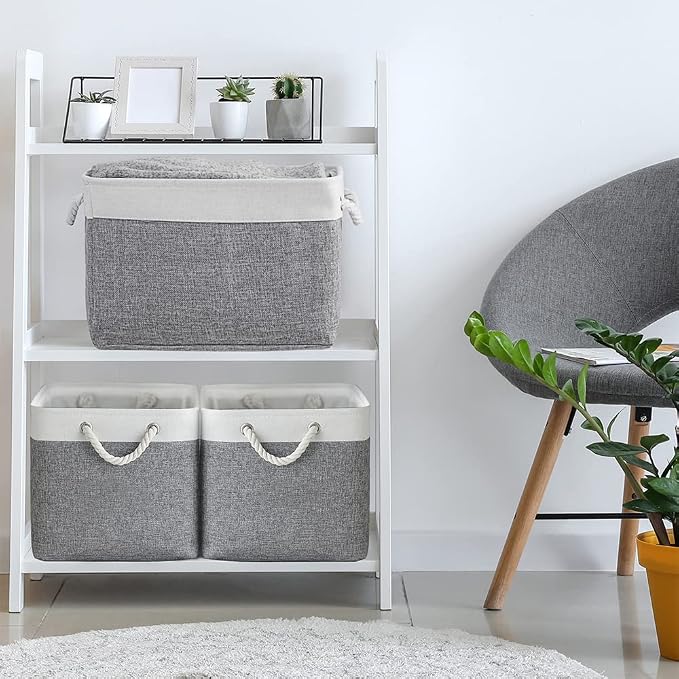 TheWarmHome Organization and Storage Basket for Organizing - 3 Pack 16x12x12 inch Cube Storage Bin Fabric Storage Cubes for Organizer Cloth Gift Toy Closet (White & Grey) - Image 3