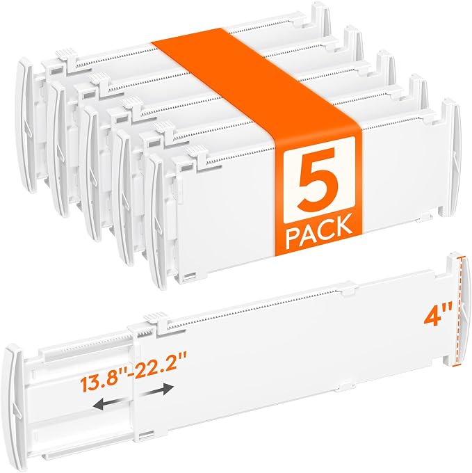 Lifewit 4" Tall 5 Pack Drawer Dividers, 35-56.5cm/13.8-22.2" Expandable Drawer Divider for Clothes, Adjustable Dresser Drawer Organizers, Drawers Separators for Dresser/Bathroom/Closet/Kitchen White by Lifewit