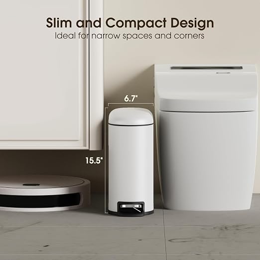 CEROELDA Small Bathroom Trash Can with Lid Soft Close, 5L/1.3 Gallon Stainless Steel Slim Garbage Can, Metal Waste Basket with Step Pedal, for Office, Bedroom, Toilet, Dorm Room (White, 1.3 Gallon) - Image 3