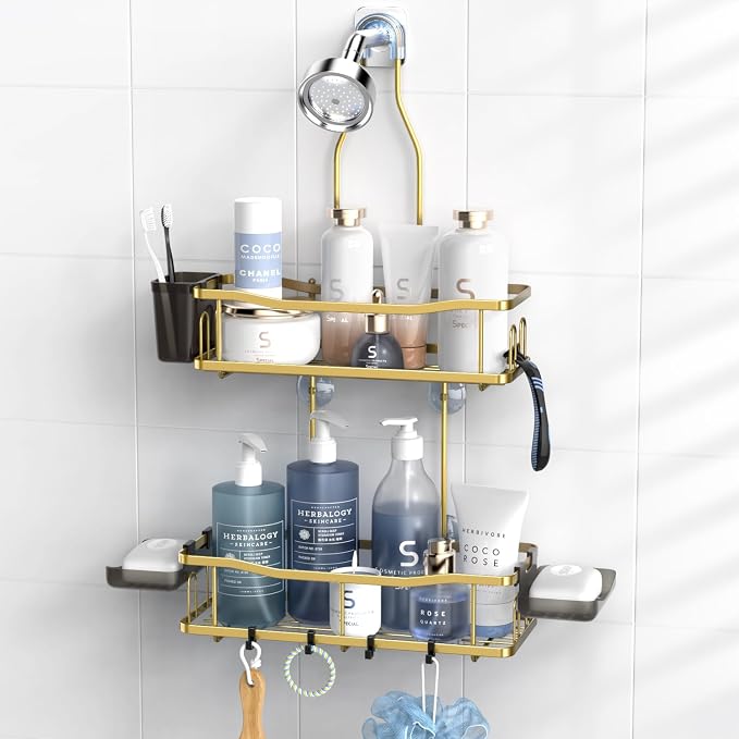Aitatty Hanging Shower Caddy Bathroom Organizer: Rustproof Shower Shelf Racks Over Shower Head - No Drilling Inside Bath Shower Rack Shelves Over Showerhead for Shampoo with Soap Holder Gold by Aitatty