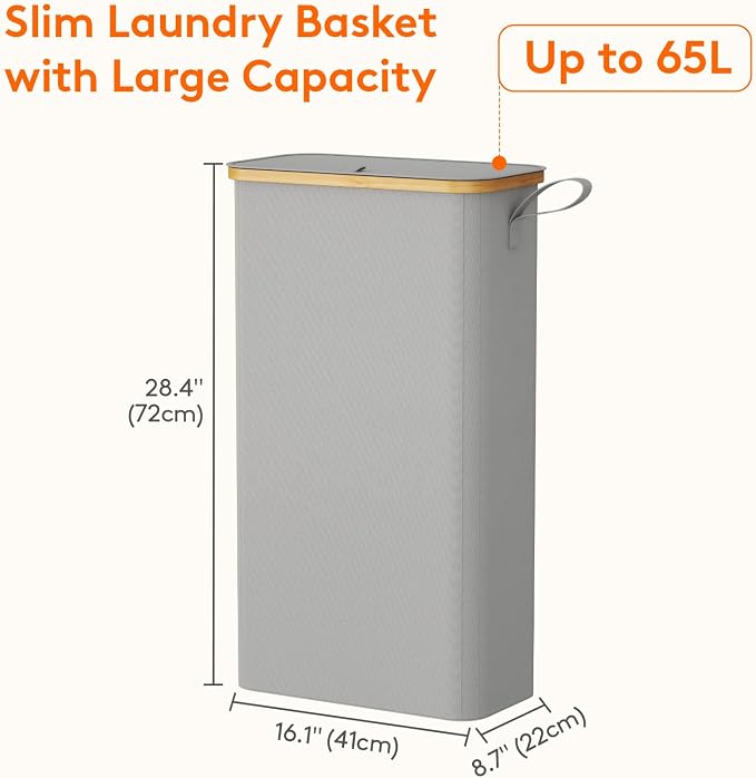 Lifewit 65L Slim Laundry Hamper with Lid, Narrow Laundry Basket with Removable Bag & Bamboo Handles, Fodable Thin Dirty Clothes Hamper for Laundry Collapsible Bin for Bathroom Bedroom Dorm,Silver Grey - Image 3