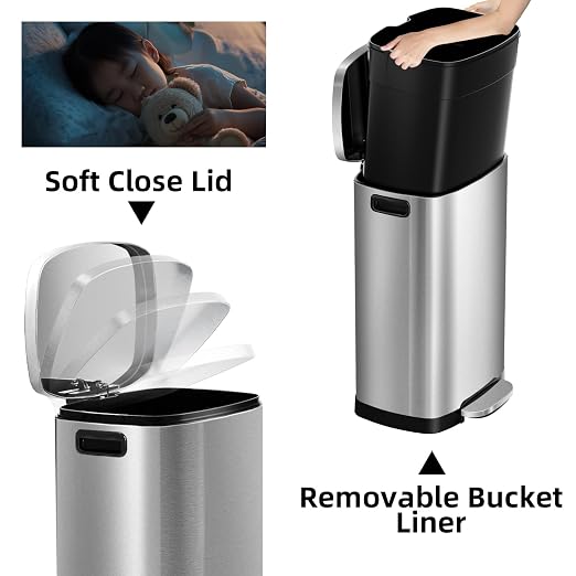 KdbK 13 Gallon Trash Can with Lid, 50L Fingerprint Proof Stainless Steel Kitchen Trash Can with Removable Inner Bucket and Lid Soft Close, Pedal Rubbish Bin for Home Office - Image 3