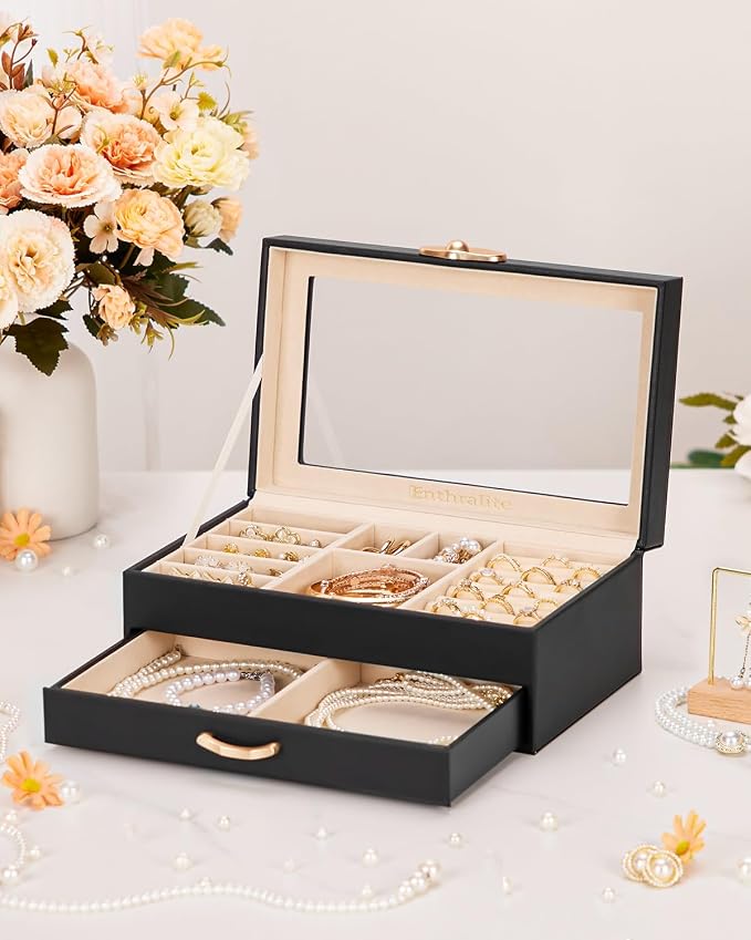 Enthralite Jewelry Box with 1 Drawers : Jewelry Display Organizer for Earrings Necklaces - Gift for Girls Women | Black - Image 3