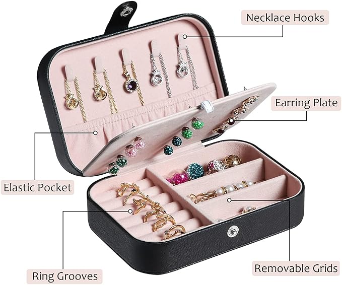 Hatori Travel Jewelry Box, PU Leather Small Jewelry Organizer for Women Girls, Portable Mini Travel Case Display Storage Holder Boxes for Stud Earrings, Rings, Necklaces, Bracelets (Black Beige) - Image 2