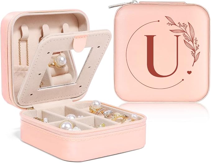 SANDJEST Personalized Jewelry Box, Pink Small Travel Jewelry Box with Initial U, Monogrammed Jewelry Case Organizer for Girls Women Teen, Mini Travel Essentials Gifts for Christmas Birthday by SANDJEST