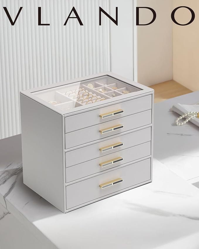 VLANDO 5 Layer Jewelry Box for Women, Glass Lid Jewelry Organizer with 5 Drawers for Necklaces Rings Earrings Bracelets - Grey - Image 7