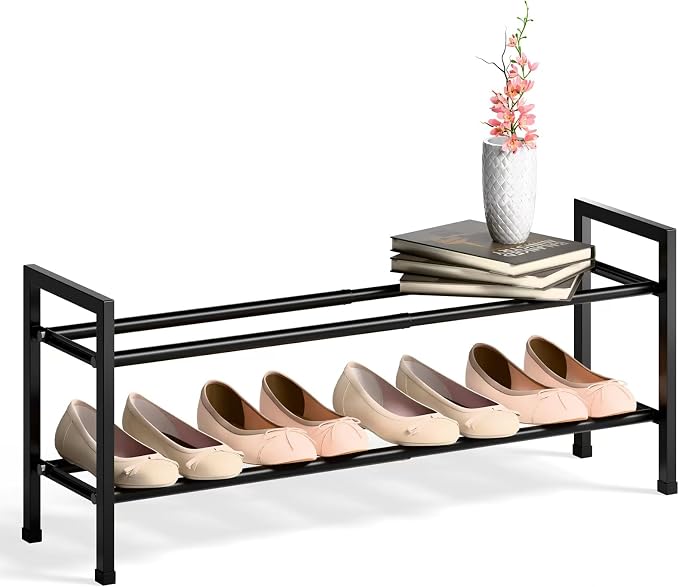 Bumusty 2 Tier Expandable Shoe Rack for Closet, 18“-33” Adjustable Shoe Rack for Small Space, Small Shoe Organizer for Front Door, Sturdy Metal, Black by BUMUSTY