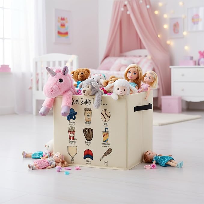 Christian Baseball Storage Bin Box with Handles, God Says I Am Bible Verse Baseball Foldable Baskets Organizer for Kids Room Nursery Bathroom Clothes Toys Books, Toybox for Boys - Image 5