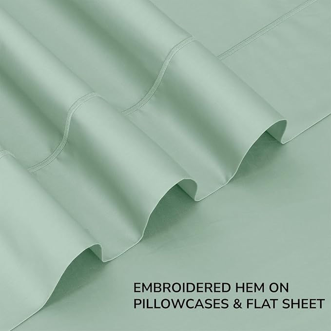 Feather & Stitch 500 TC King Size 4pc Damask Bed Sheet Set, 100% Soft Cotton Breathable Bedsheets, 18" Deep Pockets Sateen Weave Striped Bedding Mattress Resort Hotel Luxury Decor - (Soft Sage)