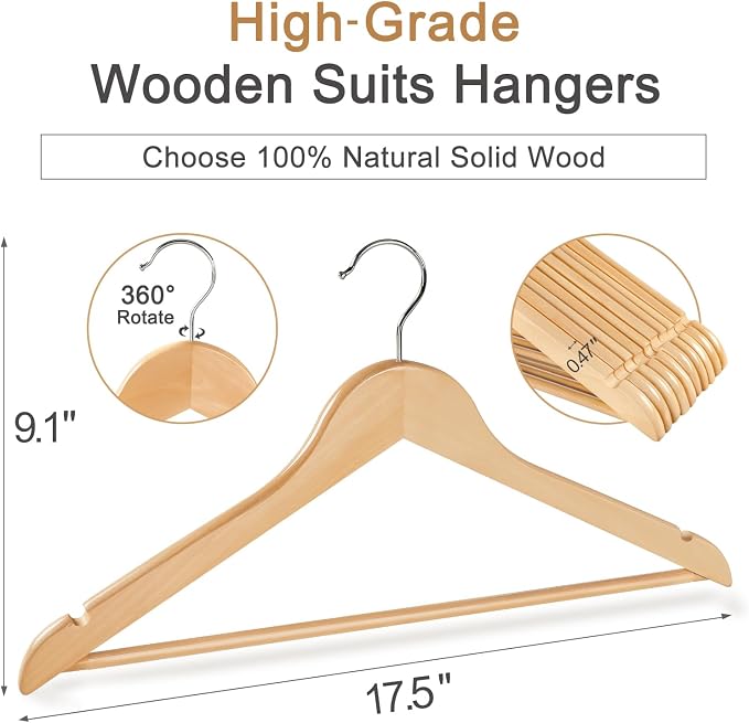 TOPIA HANGER Wooden Hangers 30 Pack, Natural Wood Clothes Hangers, Durable Coat Hanger with 360-Degree Rotatable Hook, Non-Slip Pants Bar and Shoulder Notches for Camisole Tops-CT34N30 - Image 2