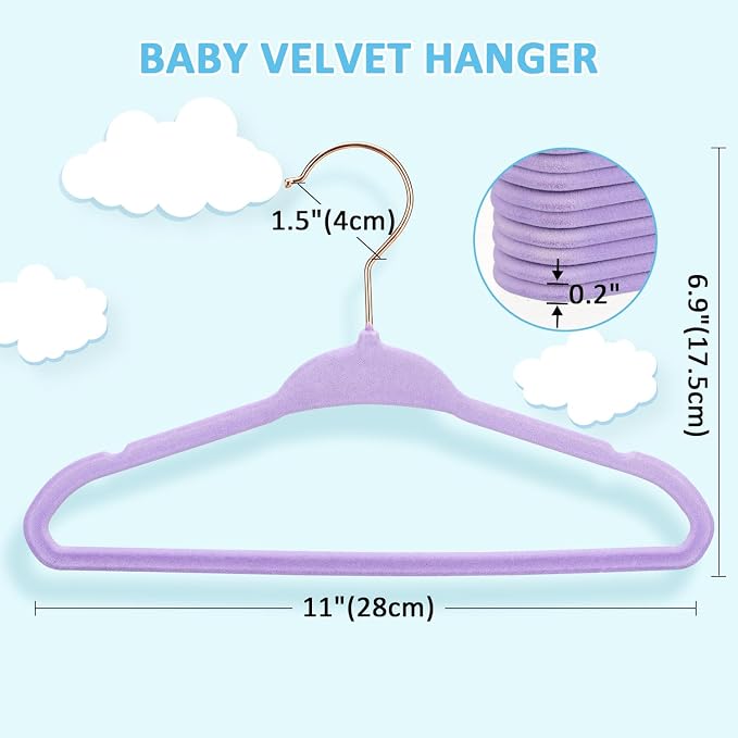 Tonswachic Baby Velvet Hangers 30 Pack - 11 Inch Premium Non Slip Kids Felt Hanger for Infant Clothes - Ultra Thin Baby Felt Hangers for Toddler Children's Closet with 10 Hanger Clips - Purple - Image 2