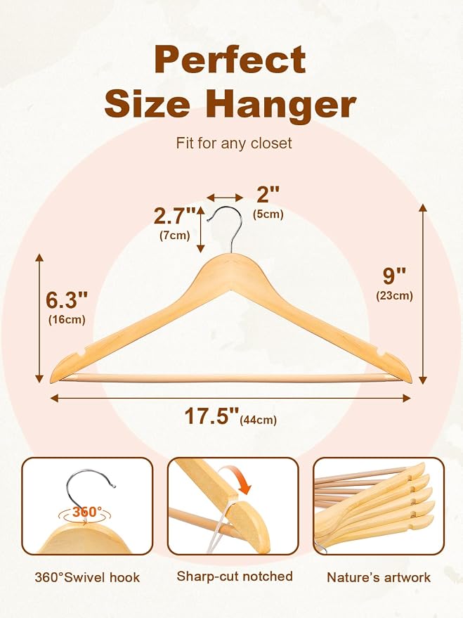 HOUSE DAY Bulk Wooden Hangers 80 Pack, Solid Wood Hanger with Non Slip Pant Bar, Heavy Duty Wooden Coat Hanger for Closet, Smooth Finish Wood Clothes Hangers for Shirts, Suits Jackets, Dress, Natural - Image 8