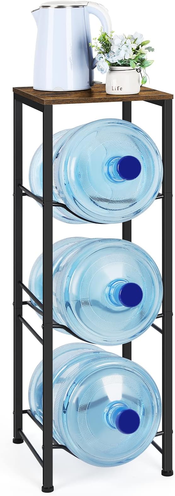 5 Gallon Water Jug Holder 3-Tiers Water Dispenser Stand Rack, Water Bottle Organizer with Storage Shelves for Kitchen Living Room Office, Rustic Brown by OYEAL