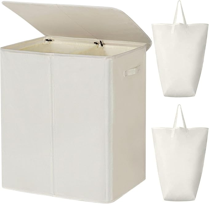 WOWLIVE 140L Double Laundry Hamper with Lid and Removable Laundry Bags, Large Dirty Clothes Hamper 2 section Collapsible Laundry Basket Dorm Room Storage for Bedroom, Bathroom, College,Beige by WOWLIVE