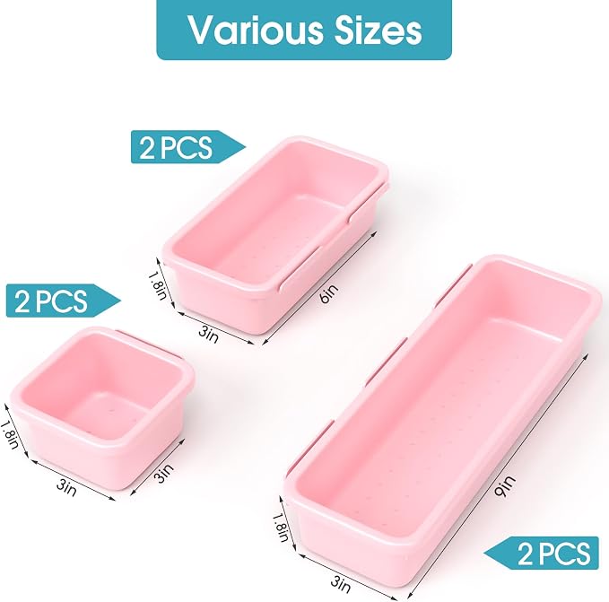 6 PCS Drawer Organizer Set, 3 Size Makeup Drawer Divider Organizer With Non-Slip Pads, Interlocking Plastic Storage Bins for Office,Jewelry Vanity,Gadgets, Bathroom,Kitchen, Pink - Image 2