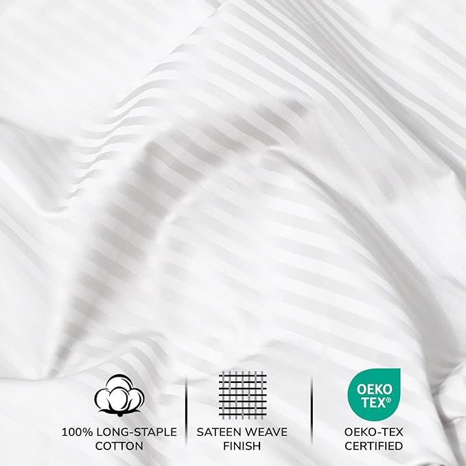 Feather & Stitch 500 TC California King Size Damask Bed Sheet Set, 100% Cotton Soft Breathable Bedsheets, 4 Piece 18" Deep Pockets Sateen Weave Striped Bedding Mattress Resort Hotel - (White Stripe)