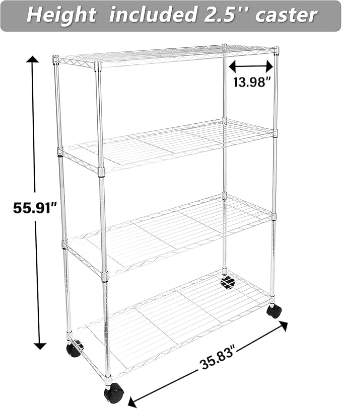 Simple Deluxe Heavy Duty 4-Tier Storage Shelving Unit, 35.83" W x 13.98" D x 55.91" H, 1000 Lbs Loading Capacity, Chrome - Image 3