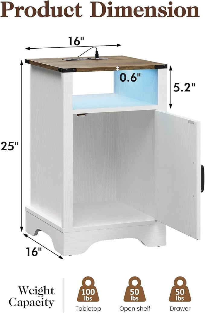 RoyalCraft 25" Tall LED Nightstands with Charging Station, Farmhouse Nightstand for Bedroom, Wooden Rustic Side Table, White End Table with Storage, White and Rustic Oak