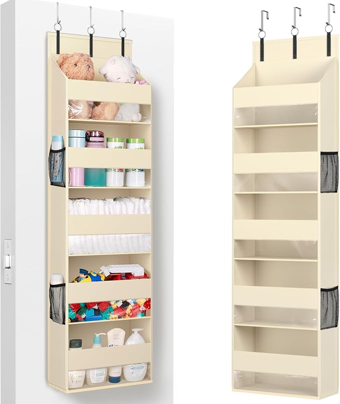 Lifewit 1 Pack Over the Door Organizer, Clear Window Hanging Storage with 4 Side Pockets, Anti Tilt 40 lbs Load Behind Door for Pantry, Nursery, Bathroom, Bedroom, Dorm, 5 Section, Beige by Lifewit
