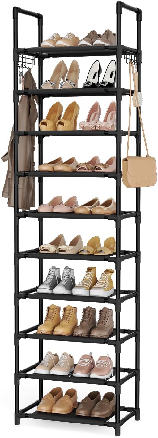 LANTEFUL 10 Tiers Shoe Rack 25 Pairs Large Capacity Tall Shoe Organizer Sturdy Shoe Storage with Two Hooks Space Saving Metal Narrow Shoe Rack for Closet, Entryway, Bedroom, Black by LANTEFULforTidyingHouse