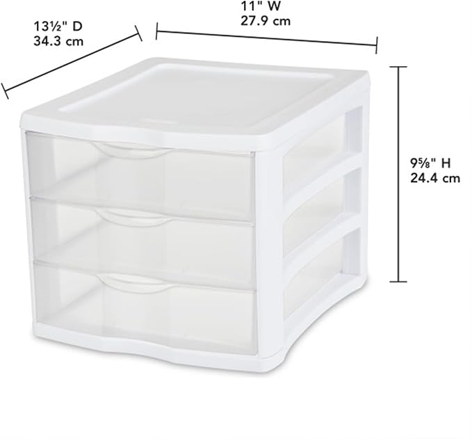 Sterilite 4-Pack 3 Drawer Unit, Stackable Plastic Organizer with Drawers, White Frame - Multi-Purpose Countertop Storage Containers for Office Supplies, Craft Rooms, Classrooms and Home Organization - Image 3