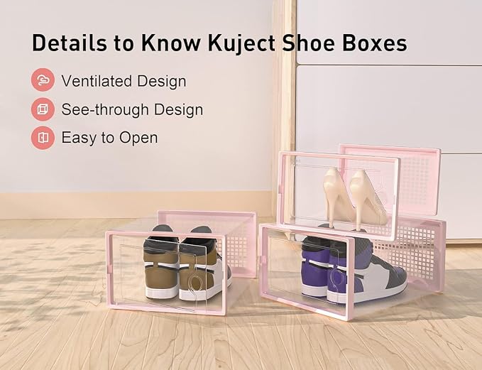 Kuject X-Large Shoe Storage Boxes Organizers Clear Plastic Stackable 12 Pack, Shoe Rack & Holder Substitute, Sneaker Containers, Toy Storage Organizer Bins for Entryway, Closet, Under Bed, Pink - Image 5