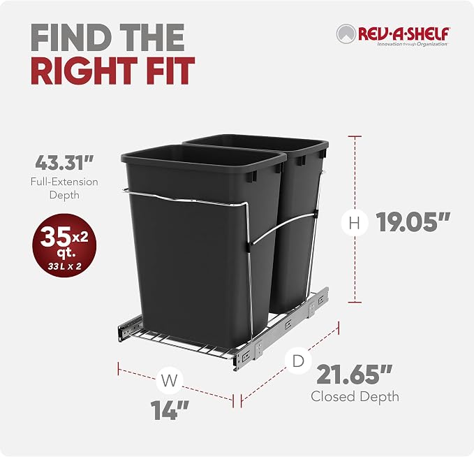 Rev-A-Shelf RV-18KD-18C S Double Pullout Trash Can for Kitchen Cabinets 35 Qt Garbage Recycling Bin on Full Extension Slides, Black - Image 3