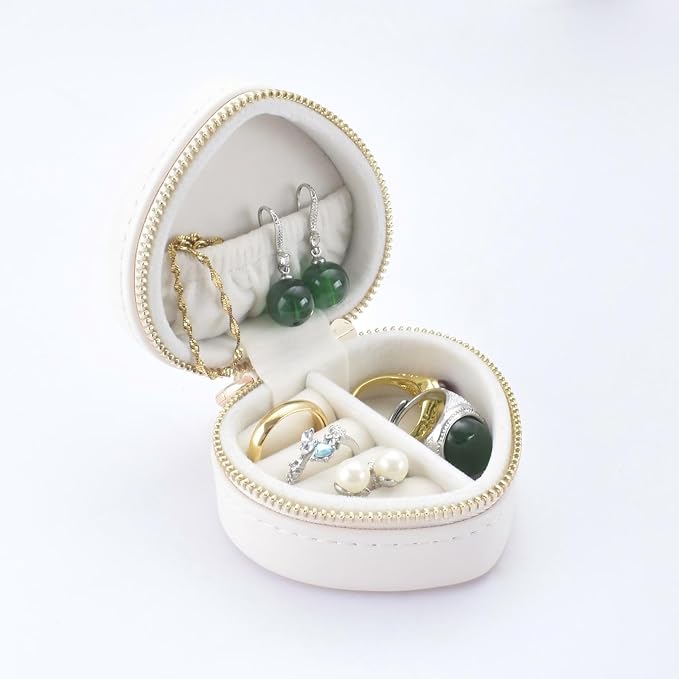 Heart Shape Ring Holder Keychain, Mini Travel Jewelry Case for Wedding Ring, Sports & Vacation, Portable Zipper Clutch Organizer for Earrings Necklace, Premium Gift for Women Girls (White) - Image 3