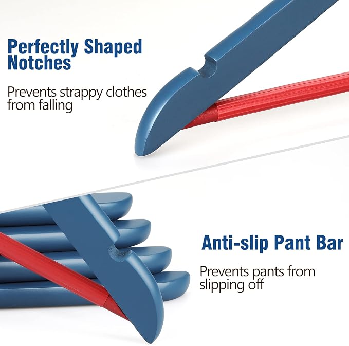 TOPIA HANGER Premium Wooden Hangers with Non-Slip Pant Bar, 360°Swivel Hook and Shoulder Notches, 16 Pack Solid Wood Clothes Hangers for Suit, Coat, Jacket, Camisole(Blue/Red)-CT35BR2 - Image 2
