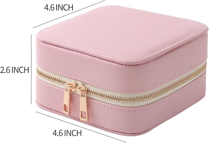 Genuine Leather Travel Jewelry Organizer Case with Mirror for Women, Small Mini Portable Jewelry Box for Ring Earrings Necklace Bracelet Luxury Gift for Women（Pink） - Image 2