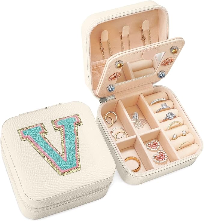 SANDJEST Personalized Jewelry Box, White Travel Jewelry Box with Initial V, Small Monogrammed Jewelry Case Organizer for Girls Women Teen Kids, Mini Travel Essentials Gifts for Birthday Christmas by SANDJEST