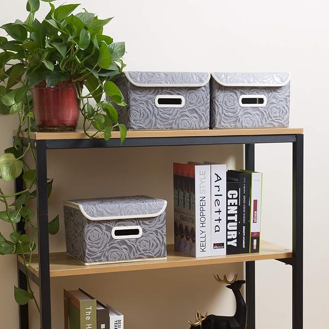 PRANDOM Stackable Storage Boxes with Lids [5-Pack] Fabric Decorative Storage Bins Cubes Organizer Containers Baskets with Cover Handles Divider for Bedroom Closet Living Room Grey 9.8x7.9x6.7 Inch - Image 3