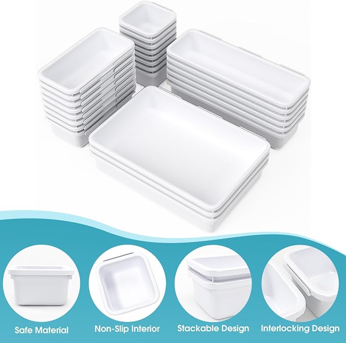 25 PCS Drawer Organizer Set, 4 Size Makeup Drawer Divider Organizer With Non-Slip Pads, Interlocking Plastic Storage Bins for Office,Jewelry Vanity,Gadgets, Bathroom,Kitchen, White - Image 3