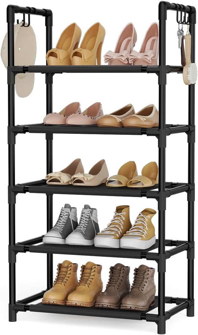 LANTEFUL 5 Tiers Shoe Rack 12-15 Pairs Boots Organizer Storage Sturdy Narrow Shoe Shelf for Entryway, Closets with Hooks, Black by LANTEFULforTidyingHouse