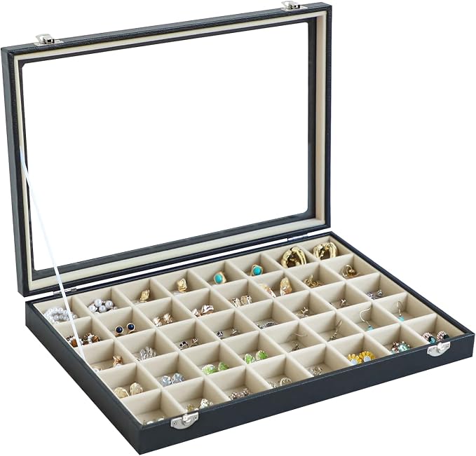 Stratalife Jewelry Organizer 40 Grid Beige Black Jewelry Tray with Clear Dust-proof Lid Velvet Earring Organizer Necklace Rings Holder Display Drawer Storage Case for Women by Stratalife