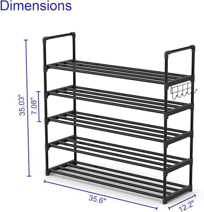 Hsscblet 5 Tiers Metal Shoe Rack,Adjustable Shoe Shelf Storage Organizer with Hooks,Stackable Boot & Shoe Storage,for Entryway,Hallway,Closet,Black - Image 3