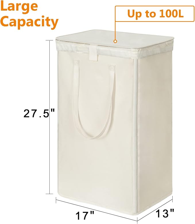 WOWLIVE 100L Laundry Hamper with Lid, Large Foldbale Laundry Basket with 2 Removable Bags and Handles, Tall Collapsible Dirty Clothes Hamper for Laundry Room, Bathroom, Dorm (Beige) - Image 4