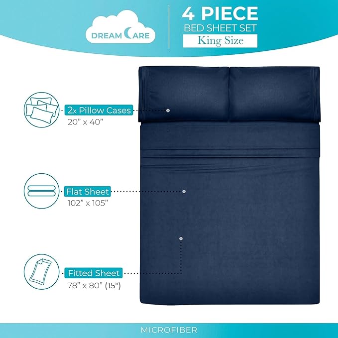 DREAMCARE Full Size Sheets - Cooling Bed Sheets - 4pcs Set - up to 15" Deep Pocket Full Sheet Set - Sheets Full Size Bed - Soft & Long Lasting 100% Fine Brushed Polyester with Side Pocket - Navy Blue