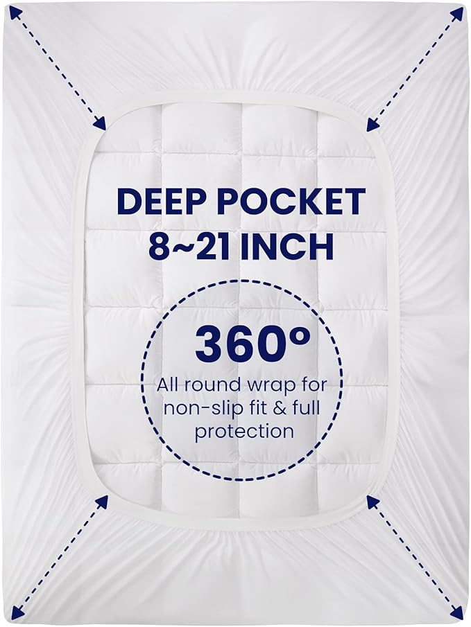 SLEEP ZONE Twin Cotton Mattress Pad, Soft Fluffy Pillowtop Thick Mattress Topper, Machine Washable Mattress Cover Fits 8-21 inch Deep Pocket, Twin