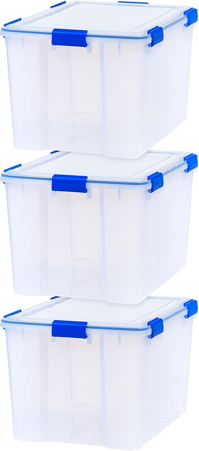 IRIS USA WeatherPro 74 Qt Storage Bins with Lids, 3 Pack, BPA-Free Plastic Gasket Box with Tight Latch and Seal, Stackable Nestable Tote Tub - Clear/Blue by IRISUSA