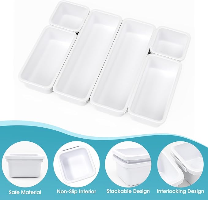 6 PCS Drawer Organizer Set, 3 Size Makeup Drawer Divider Organizer With Non-Slip Pads, Interlocking Plastic Storage Bins for Office,Jewelry Vanity,Gadgets, Bathroom,Kitchen, White - Image 3