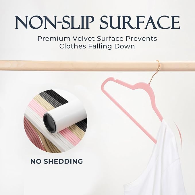 HOUSE DAY Pink Velvet Hangers 100 Pack, Premium Non-Slip Felt Clothes Hangers, Sturdy Heavy Duty Coat, Durable Hanger for Suits, Space Saving with No Hanger Mark, 360° Swivel Rotating Rose Gold Hook - Image 2