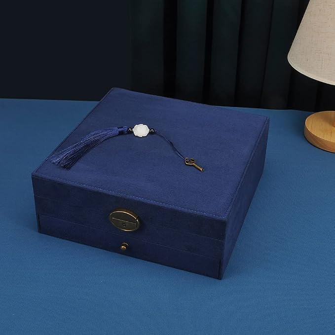 Women Jewelry Box Lockable 3 Layers Large Jewelry Organizer Storage Case for Earrings Necklaces Rings Bracelets,Green Display Jewel Holder (Navy) - Image 6
