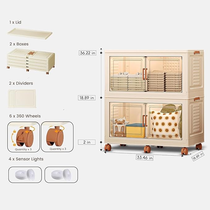 FINCHESCLUB 376QT/94Gal Large Stackable Storage Bins with Lids, Foldable Storage Bins with Doors and Wheels, Collapsible Closet Organizers for Home Office - 2 pack - Off White