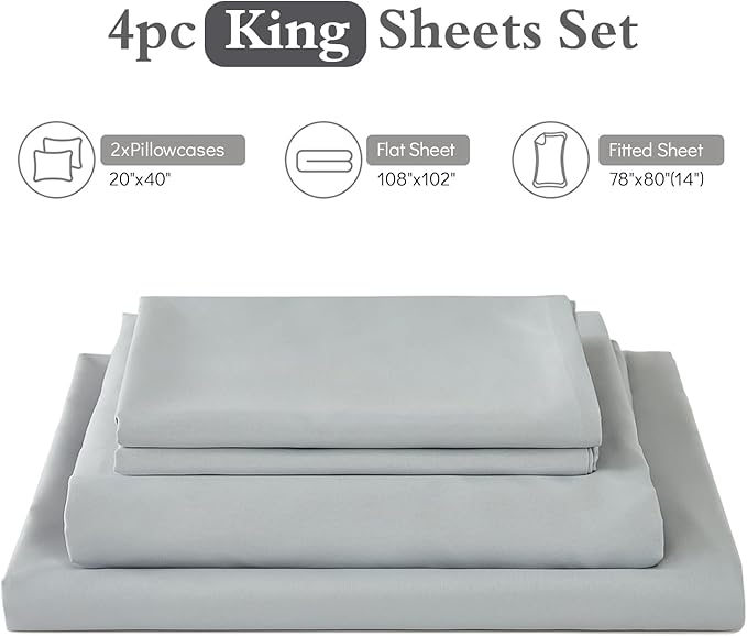 ILAVANDE King Size Sheets Set, 4 Piece Hotel Luxury Super Soft 1800 Series Microfiber Grey Bed Sheets King Set-Wrinkle Free & Breathable-14 Deep Pocket Sheets for King Size Bed(King,Light Grey)