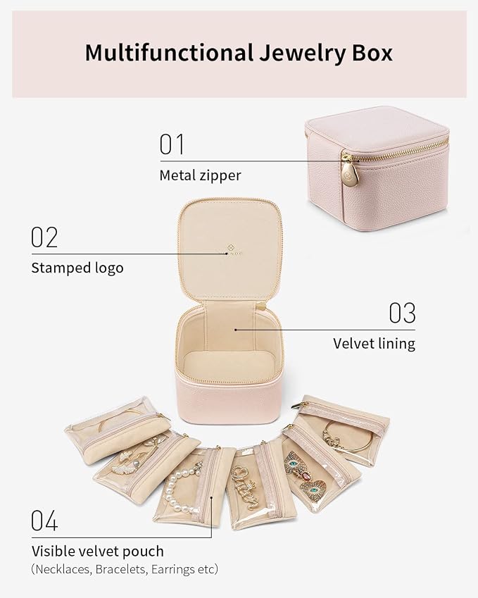 Vlando Travel Jewelry Case,Jewelry Organizer with 6 zipper velvet Jewelry bags for Women Girl,Wedding Birthday Gift Ideas for Women Earrings Rings Storage Gift Box Packaging Pink - Image 5