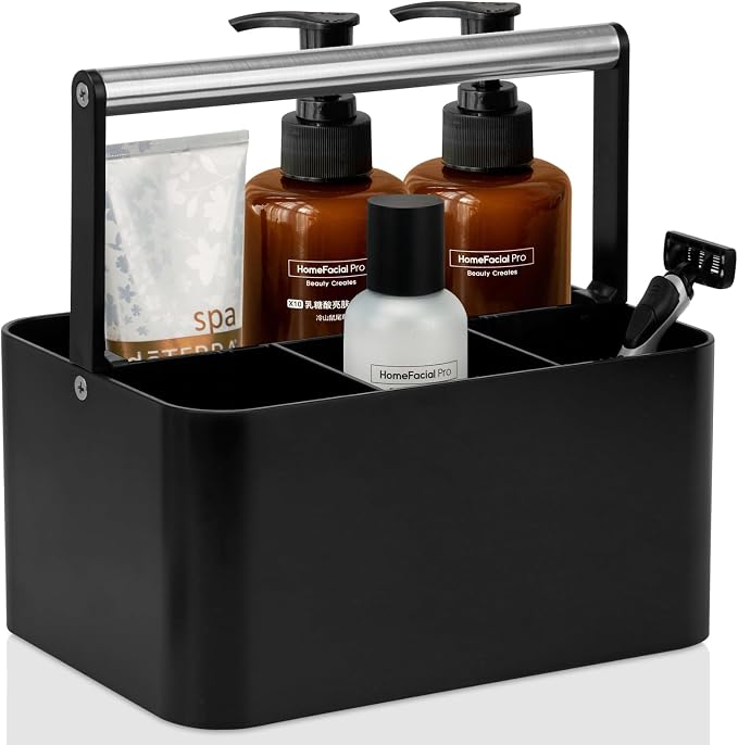 BYUNER Black Shower Caddy Portable: Plastic Bathroom Caddy Countertop,Cleaning Caddy Organizer with Handle,Utility Hard Shower Basket Storage Tote for Toiletry,College Dorm Room Essential for Guys/Men by MakesYourHomeMoreOrganized