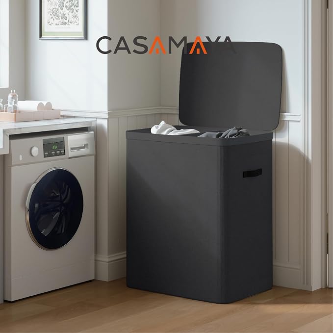 CASAMAYA Laundry Basket with Lid, Laundry Hamper 2 Section, 170L collapsible Laundry Organizer, Easy Assembly, with Handles and Removable Liners, 22 x 15.7 x 29.5 Inches, Black JSP903B - Image 2