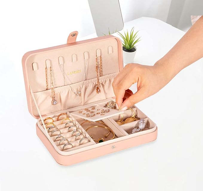 LANDICI Small Jewelry Box for Women Girls, PU Leather Travel Jewelry Case, Portable Jewelry Organizer Storage Holder Display for Ring Earrings Necklace Bracelet Bangle Men Kids Gift, Pink - Image 5