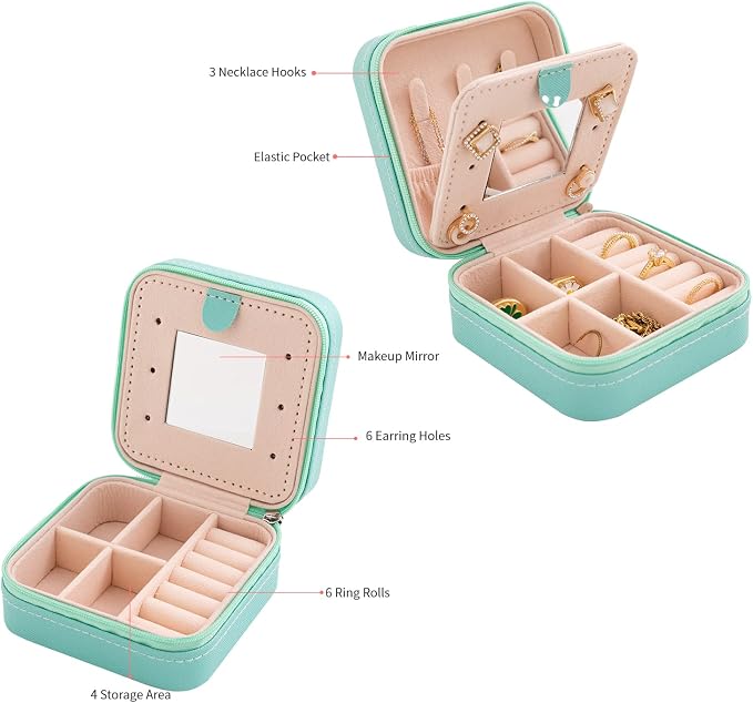 KElofoN Travel jewelry case Travel jewelry box Travel Jewelry Organizer Small Jewelry Organizer Box Gift for Girls Women with Mirror(Blue) - Image 4